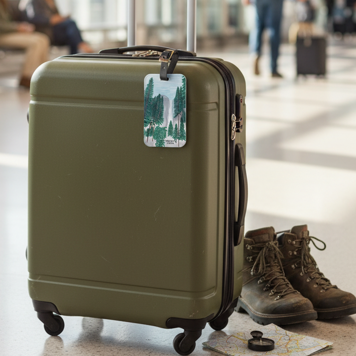 Luggage tag with a design of a forest and waterfall, featuring the text 'Yosemite Falls'.