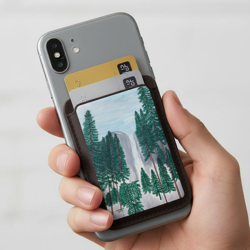 Yosemite Falls watercolor painting by  Bay Area artist, Marife Rosales of MyLittlefe on a magsafe wallet cardholder.