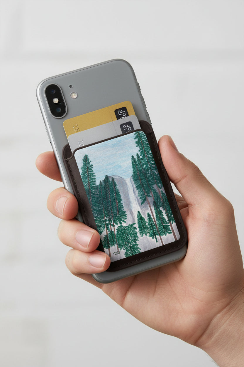 Yosemite Falls watercolor painting by  Bay Area artist, Marife Rosales of MyLittlefe on a magsafe wallet cardholder attached to a smart phone.