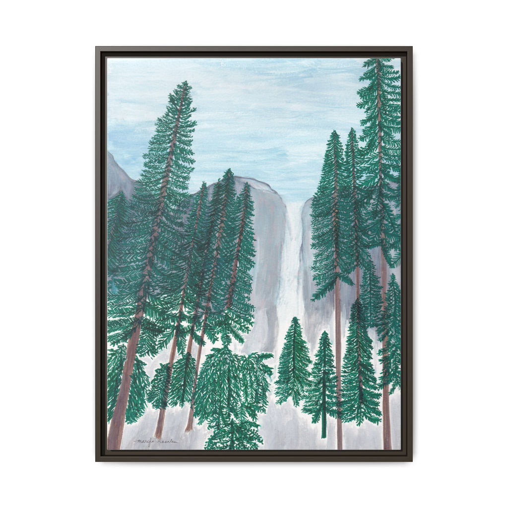 Framed artwork of a forest scene with trees and mountains on a white background
