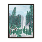 Framed artwork of a forest scene with trees and mountains on a white background