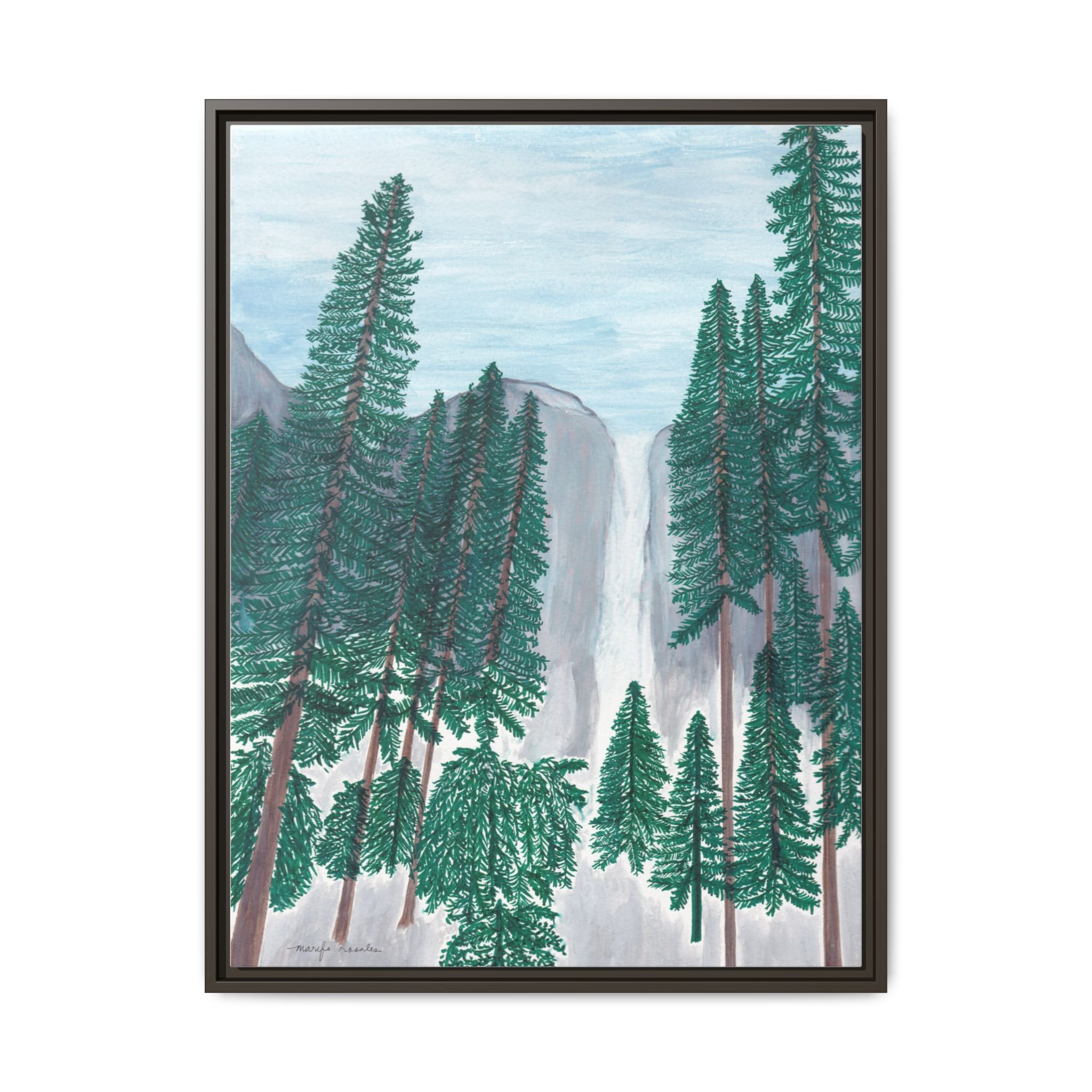 Framed artwork of a forest scene with trees and mountains on a white background