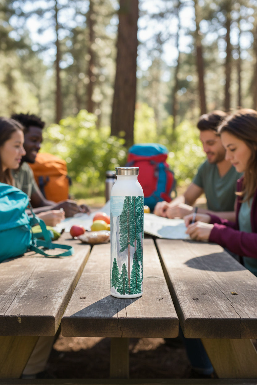 Yosemite falls waterbottle with people in background getting ready for a hike