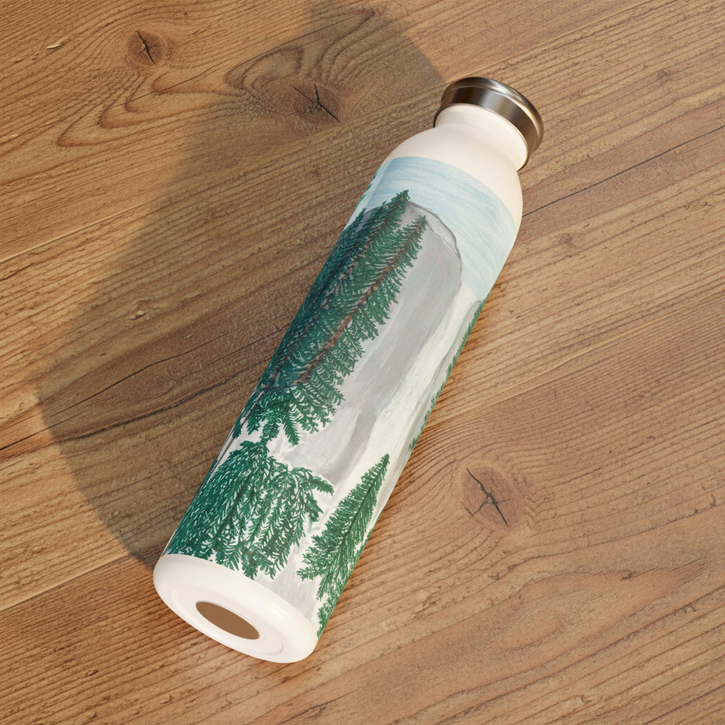 Yosemite Falls with Pine Trees waterbottle on a rustic table