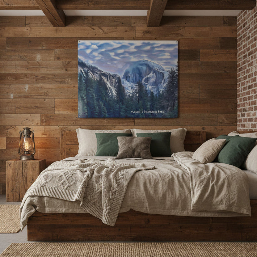 Metal Wall Art of Yosemite National Park in a rustic bedroom