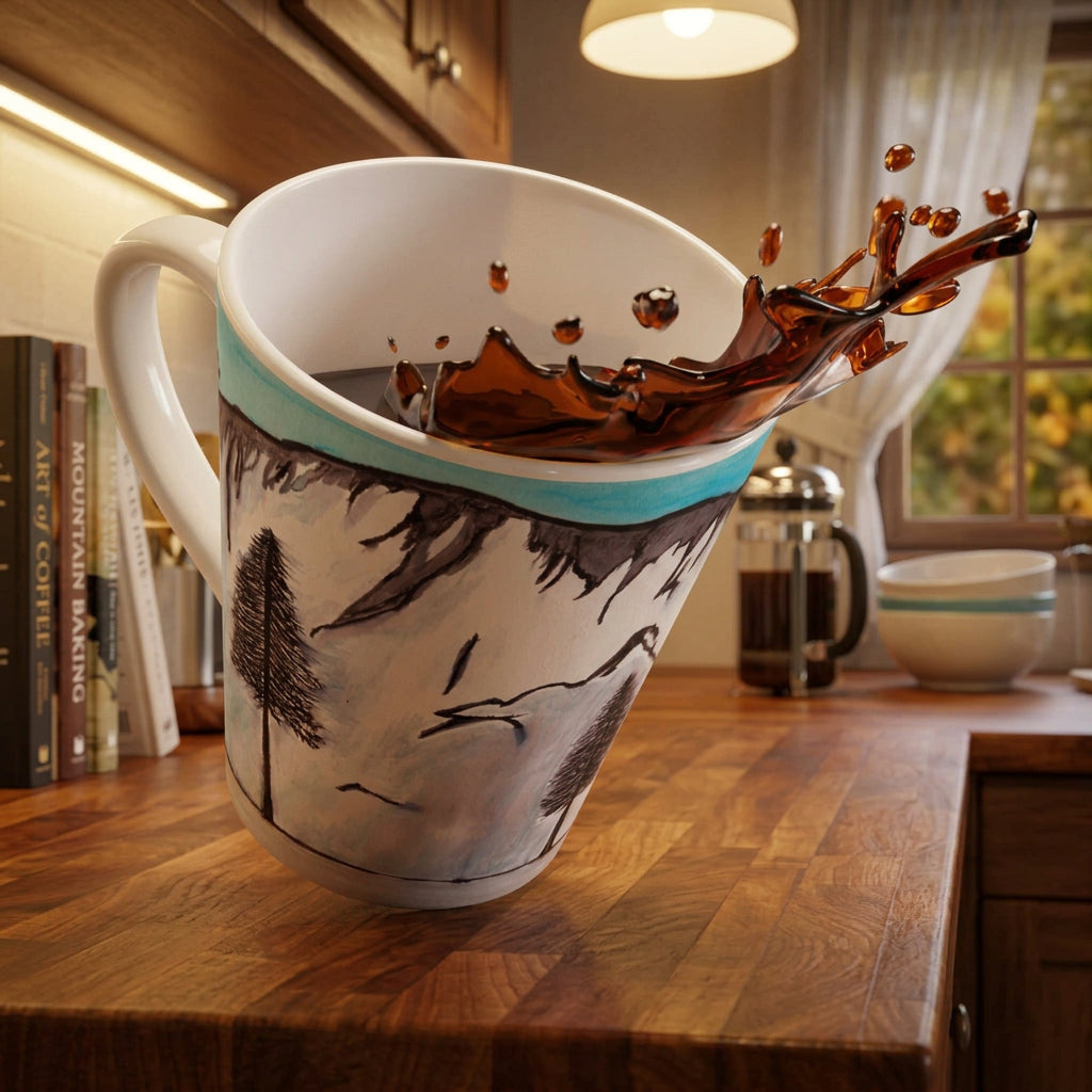 A white ceramic mug featuring a hand-painted Yosemite winter mountain landscape with pine trees, shown with a dynamic splash of dark coffee bursting from the rim against a white background.