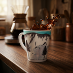 A ceramic coffee mug with a hand-painted Yosemite mountains and tree design, shown on a wooden table with coffee splashing out of the top in a dynamic splash.