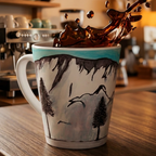 A ceramic coffee mug with a hand-painted Yosemite mountains and tree design, shown on a wooden table with coffee splashing out of the top in a dynamic splash.