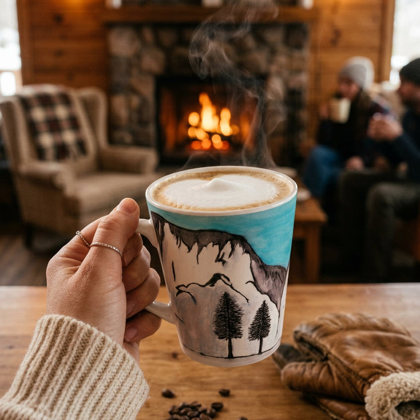 A white ceramic cup featuring a hand-painted style winter mountain landscape with snow, dark gray peaks, pine trees, and a bright turquoise sky in a ski lodge.