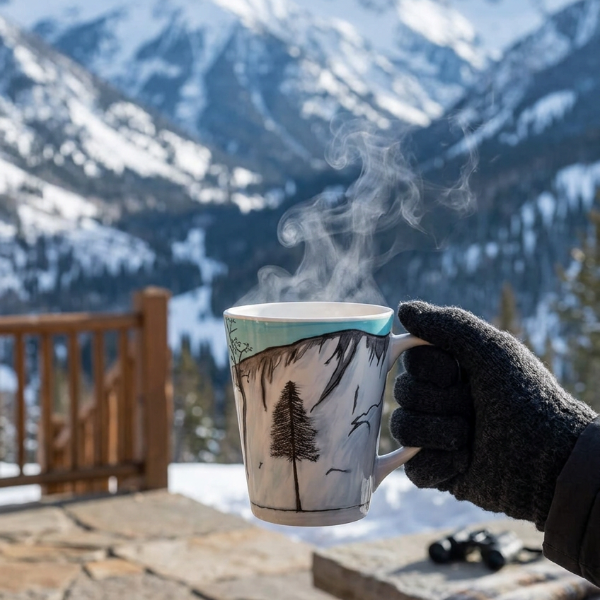 A white ceramic mug featuring a hand-painted Yosemite winter landscape design with a pine tree, snowy mountains, and a bright blue sky.