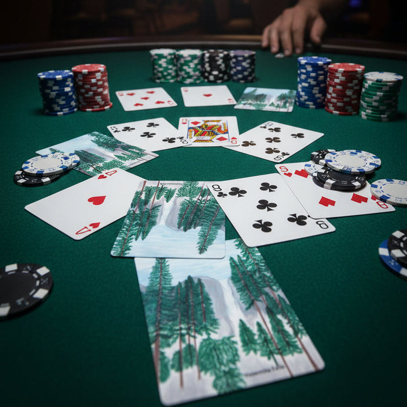 A deck of cards at a card room with poker chips with design of Yosemite pine trees
