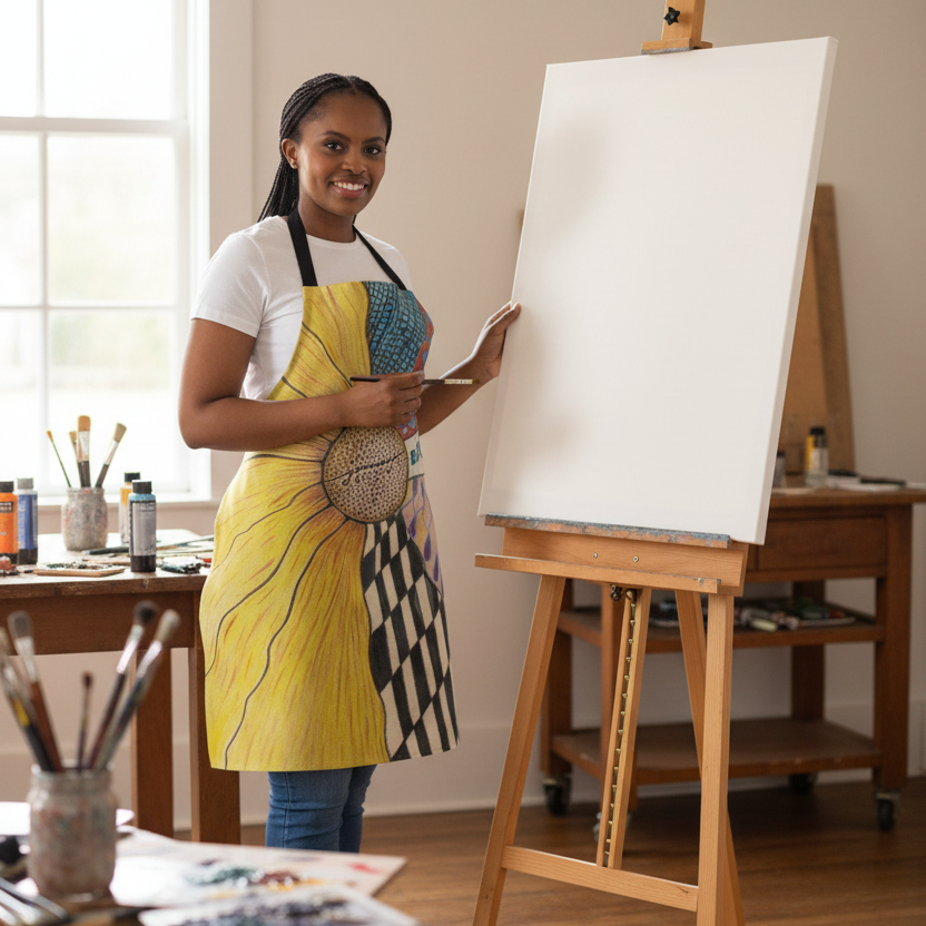 Woman wearing a Zentangle Half Sunflower design in front of a canvas about to paint
