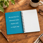 An open spiral notebook with a bright blue left page showing the quote 'the journey of a thousand miles begins with a single step' in white script, and white lined pages on the right.