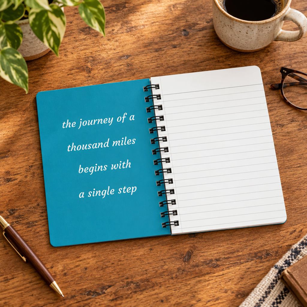 An open spiral notebook with a bright blue left page showing the quote 'the journey of a thousand miles begins with a single step' in white script, and white lined pages on the right.