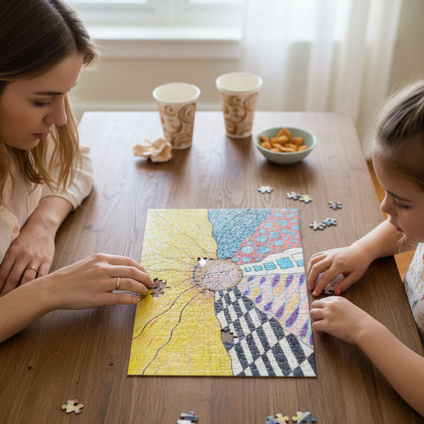 Zentangle Jigsaw puzzle and half sunflower with journey text on the middle being solved by woman and a young girl designed by artist Marife Rosales
