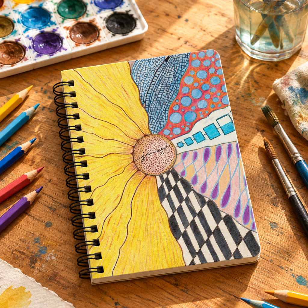 Notebook with a colorful zentangle abstract design on an artist's desk with pencils and paint around