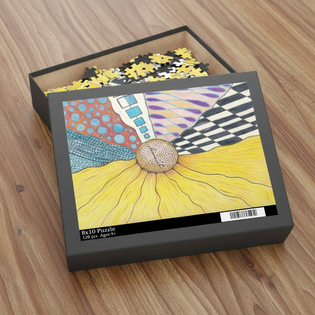 Jigsaw puzzle box with a colorful zentangle inspired design on a white background