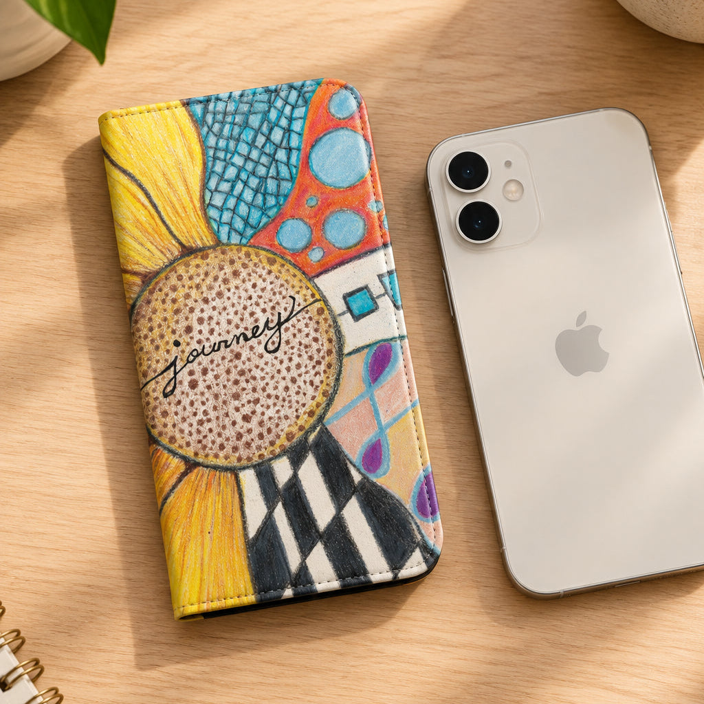 Flip phone with Art design Zentangle and sunflower next to a white iphone