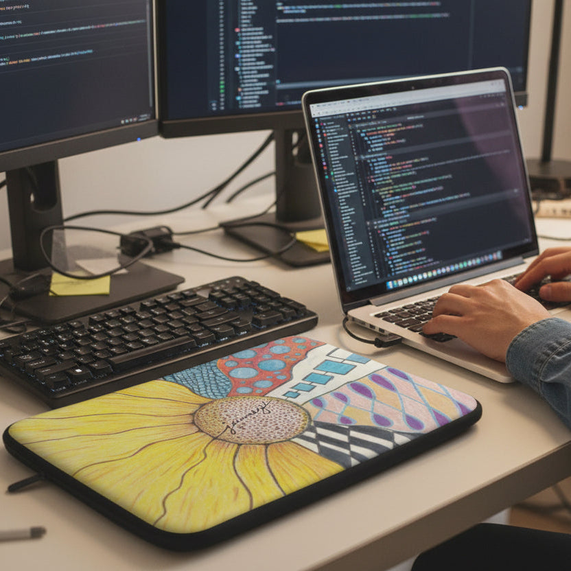 Laptop sleeve with a Zentangle Sunflower design by Marife Rosales of MyLittleFe on a software developer's desk