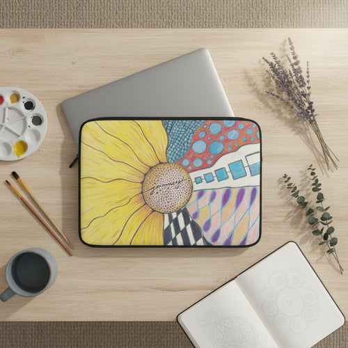 Laptop sleeve with zentangle sunflower design by Marife Rosales of MyLittleFe