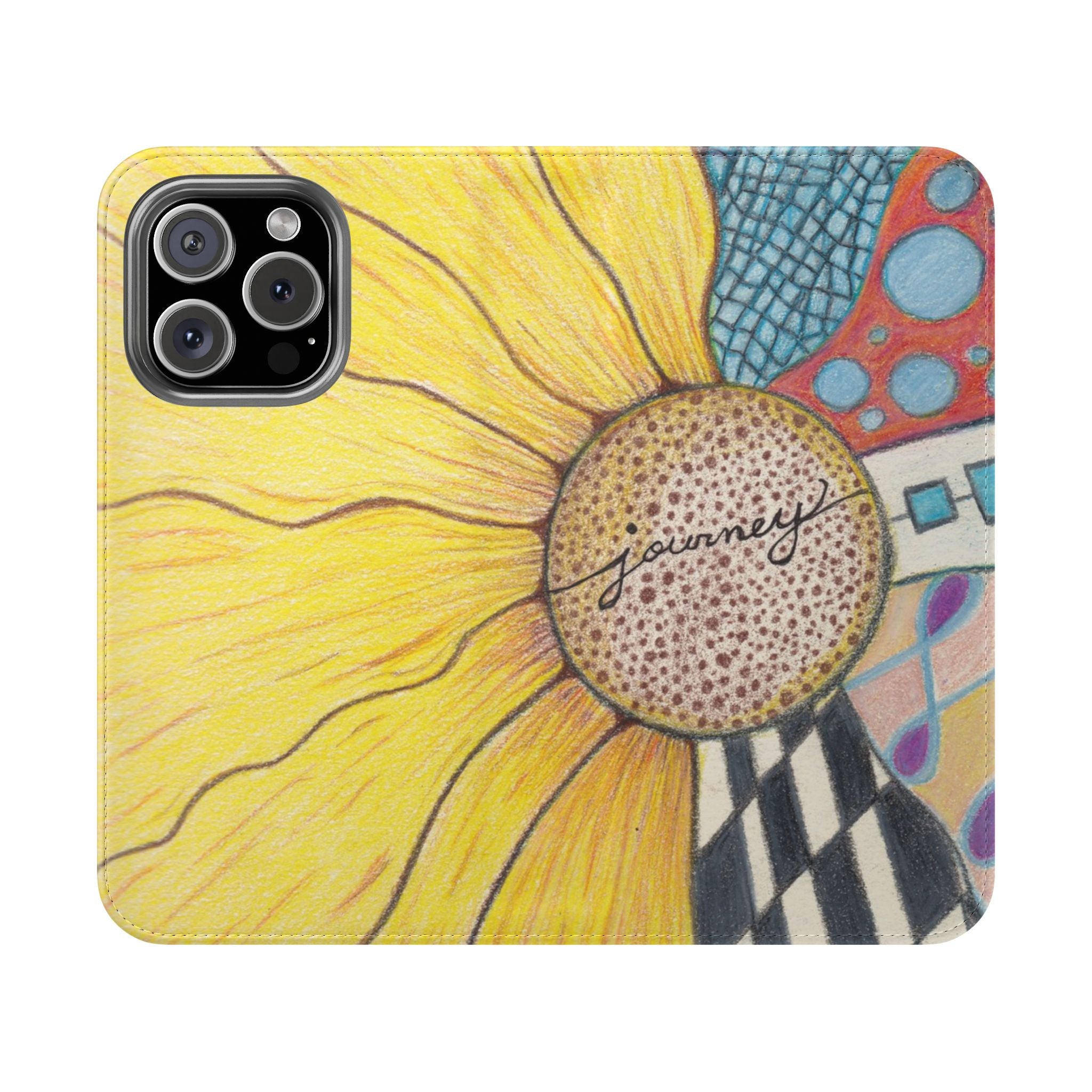 Open flip Phone case with zentangle sunflower design on a white background