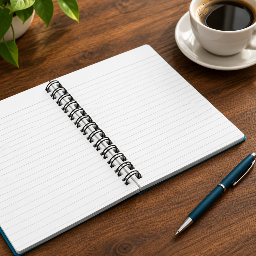 Open spiral-bound notebook with lined pages on a medium wood grain desk with a pen and coffee next to it.