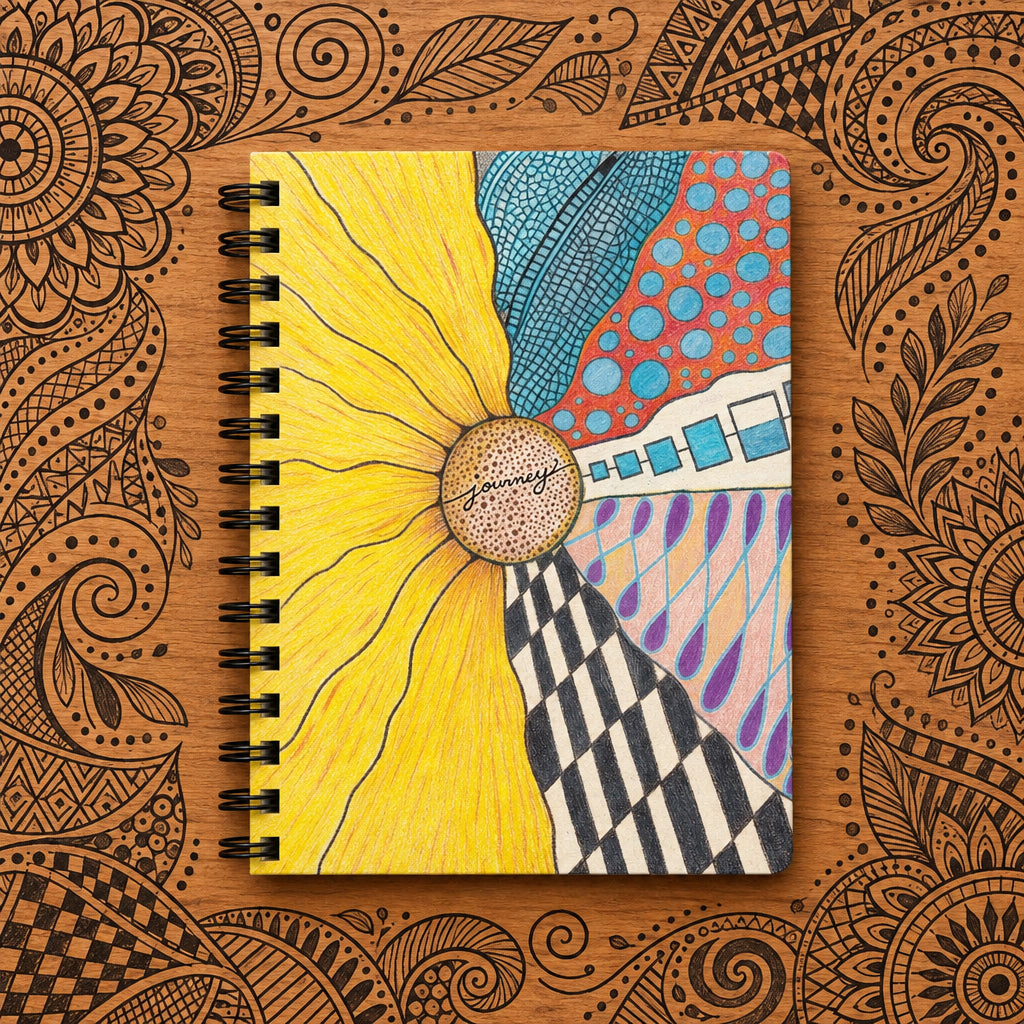 A spiral-bound notebook with a colorful abstract cover design featuring a large yellow sunflower-like shape, blue patterned sections, a red polka-dot area, black-and-white stripes, and purple accents, shown on a desk with etched zentangle designs