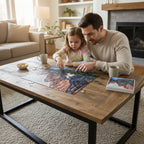 A father and daughter working on a Jigsaw puzzle with a scenic view of Zion National Park photographed by Bay Area Artist Marife Rosales of MyLittleFe.