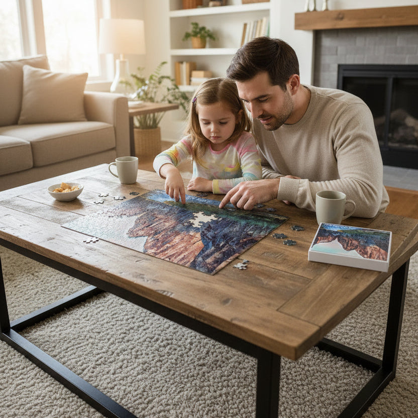 A father and daughter working on a Jigsaw puzzle with a scenic view of Zion National Park photographed by Bay Area Artist Marife Rosales of MyLittleFe.