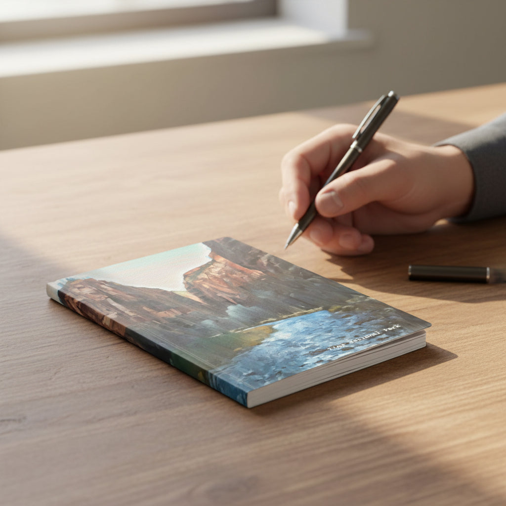Zion National Park Notebook with a man's hand holding a pen