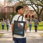 A man wearing a white t-shirt and blue jeans is shown from the back, carrying a black canvas tote bag over his shoulder. The tote bag features a large printed scenic photograph of Zion National Park with the text 'Zion National Park' and '14000 Feet' printed on it.