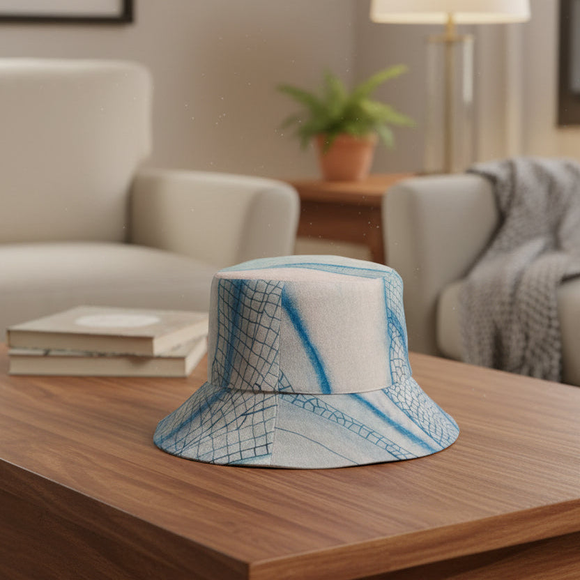 A bucket hat with a light gray and blue abstract grid and stripe pattern, shown against a plain white background.