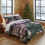 Bedroom with a bed covered in a camouflage comforter, Christmas tree, and snowy window view.