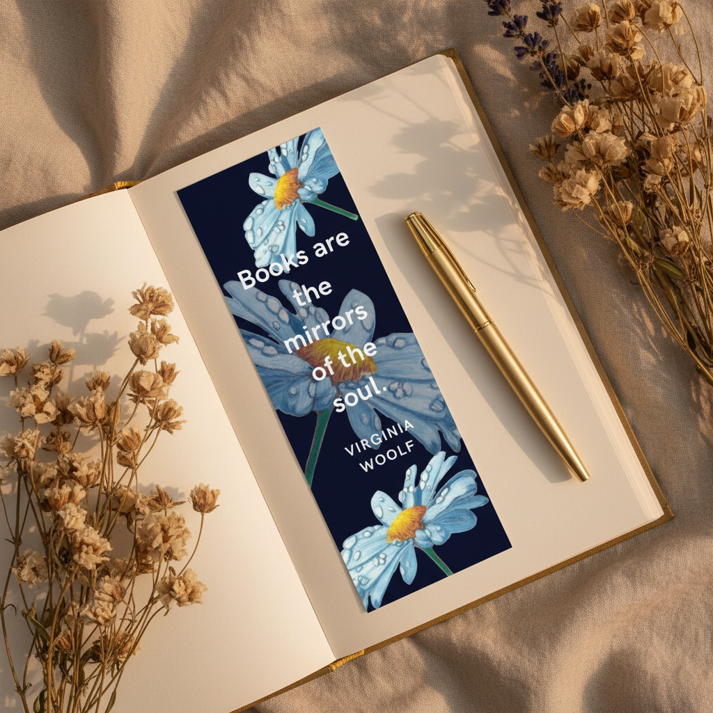 Printable Bookmark | Original Blue Flower | Virginia Woolf Quote | Instant Download | 4 per Page | 2x6
