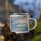 White mug with blue dragonfly wings design on a natural background