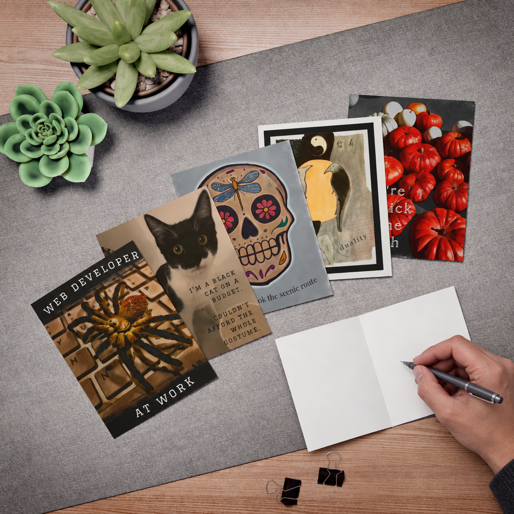 Halloween and fall cards with a hand poised to write inside a blank card