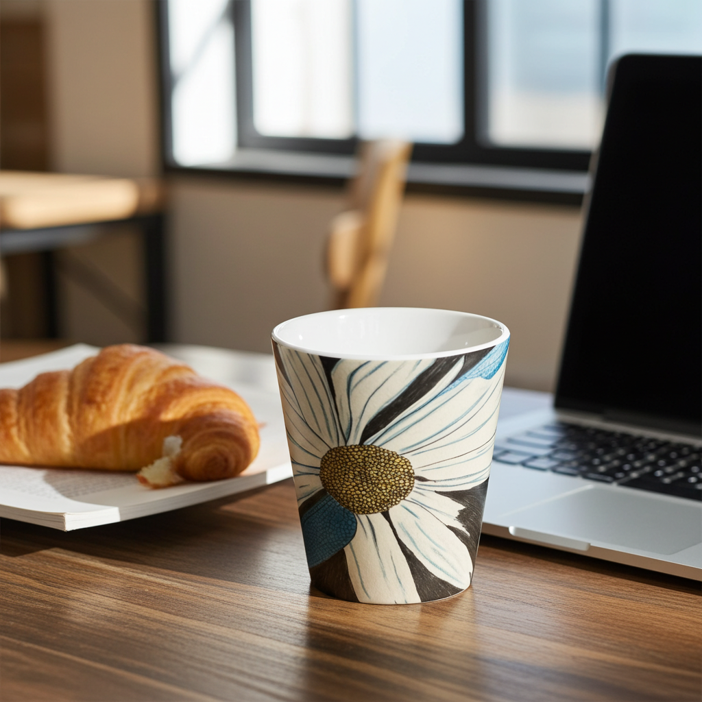Cup with floral design on a desk next to a croissant and laptop