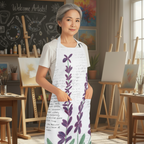An older woman with gray hair stands in a bright art studio wearing a white apron with purple flowers and green leaves printed on it. The studio has easels, paintings, and a chalkboard that reads 'Welcome Artists!'.