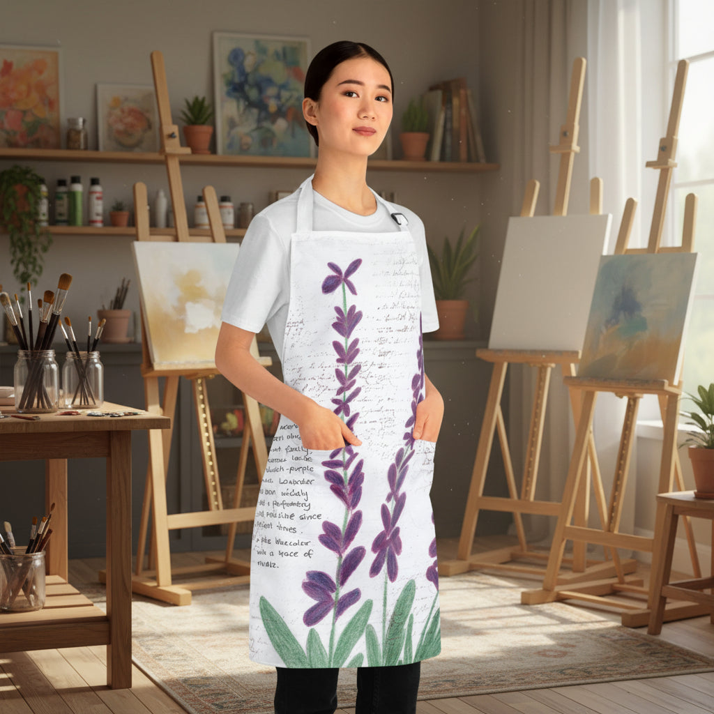 A woman modeling a white apron with a purple lavender floral print and black script text, shown against a plain white background.
