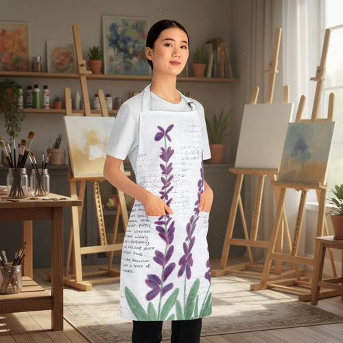 A woman modeling a white apron with a purple lavender floral print and black script text, shown against a plain white background.