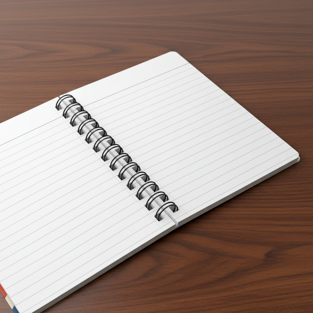 Open spiral-bound notebook with lined pages on a white background