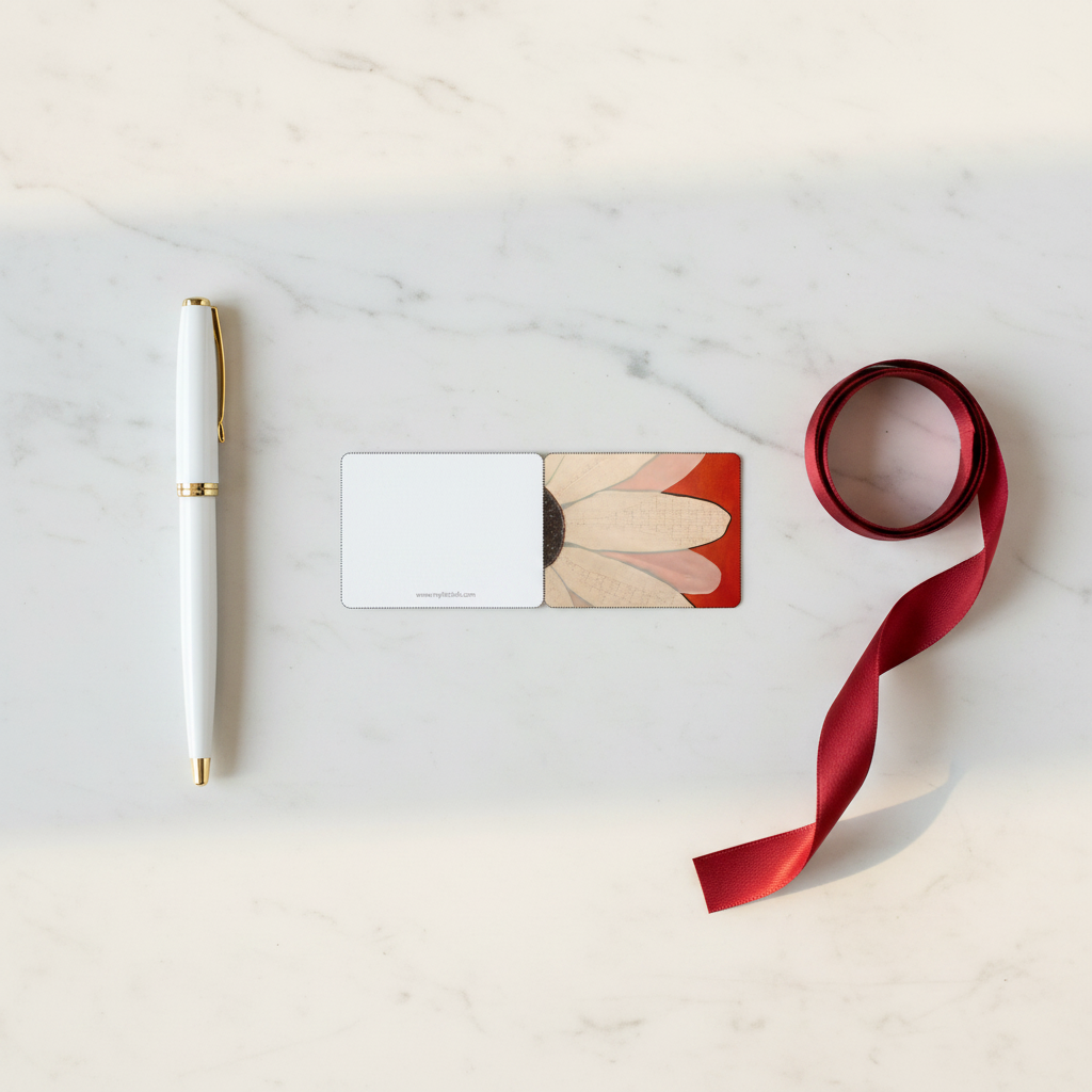 Small Folded Gift Tag Flat Lay with Pen and Ribbon