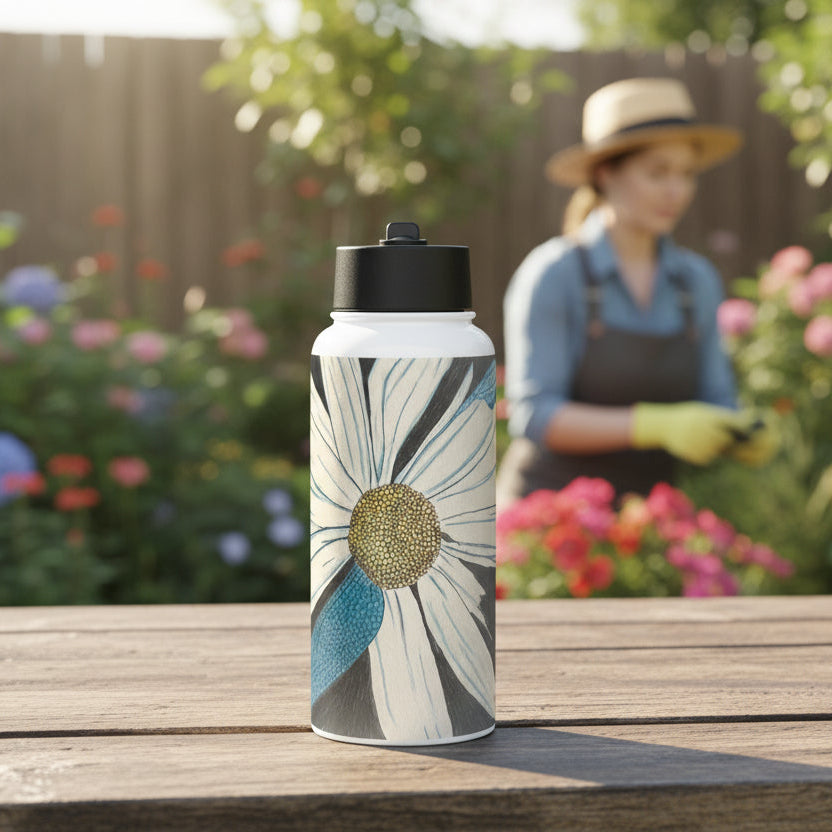 Water bottle with Daisy Dragonfly wings design on a wooden table in a garden setting