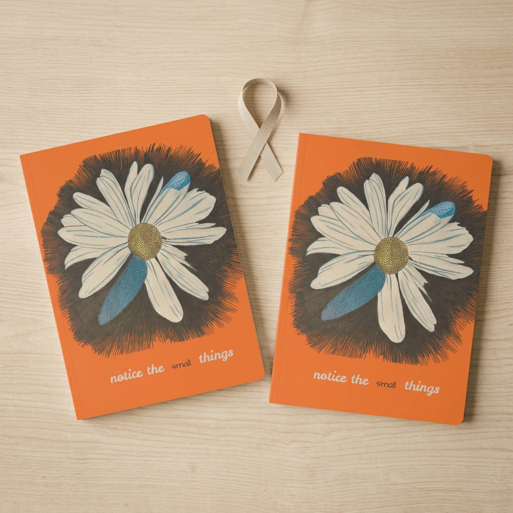 Two Daisy Dragonfly Wings softcover journals with orange covers, white daisy artwork, and blue wing details.