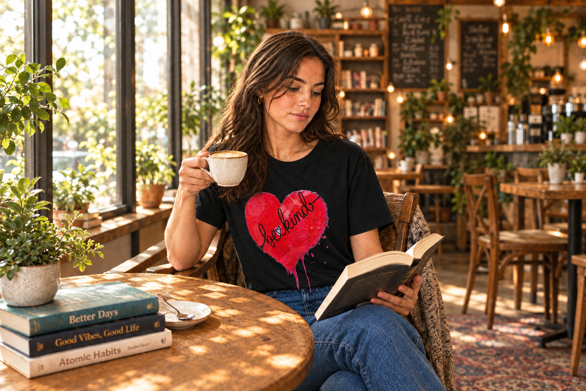 Wide café photo with Be Kind shirt and space above her head