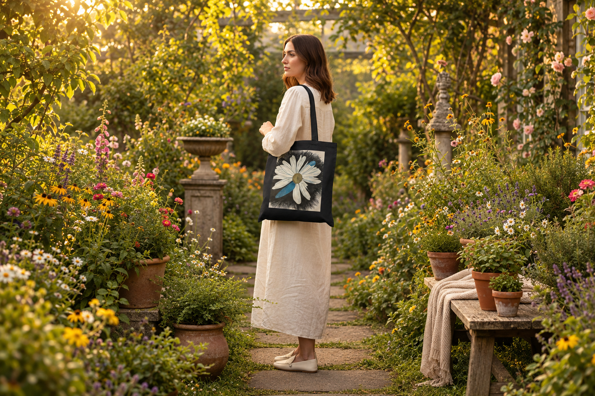 Wide garden photo with the daisy dragonfly tote and her head fully in frame