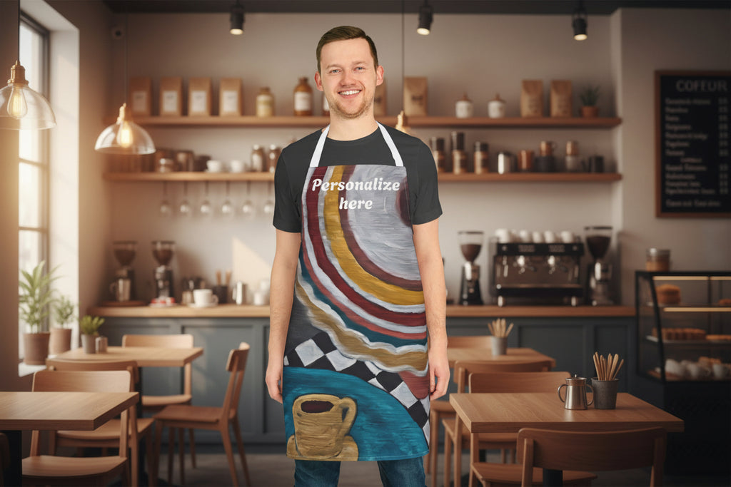 Man wearing a colorful apron with customizable text at a cafe