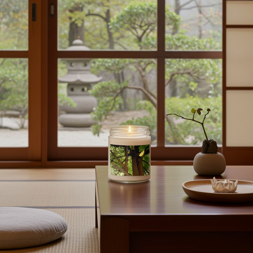 Candle in a glass jar with tree with a falling leaf design on a wooden table with a view of a garden through a window.